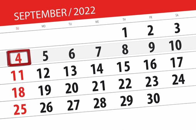 2022年9月締め切り日4日曜のカレンダープランナー