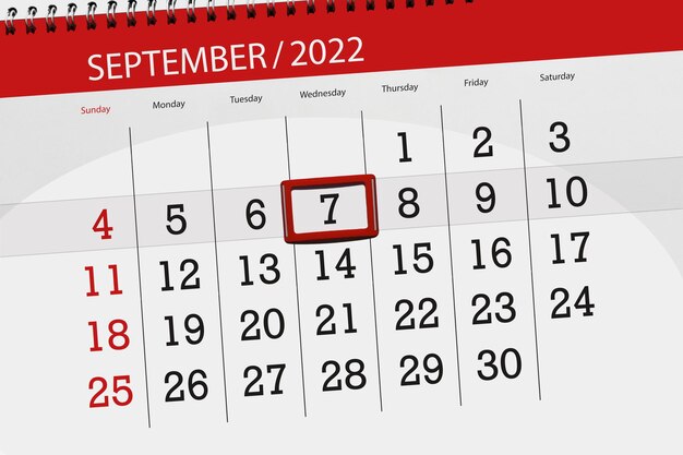 Calendario planner per il mese settembre 2022 scadenza giorno 7 mercoledì