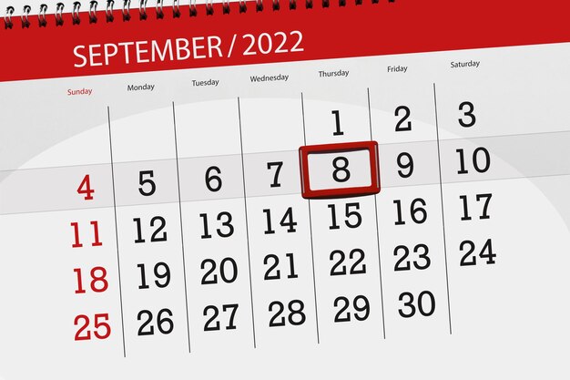 Calendario planner per il mese di settembre 2022 scadenza giorno 8 giovedì