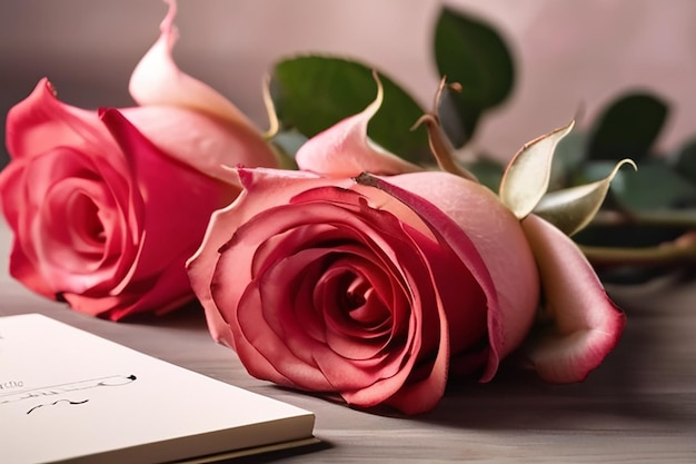 Calendar and rose flowers on table Valentines Day celebration