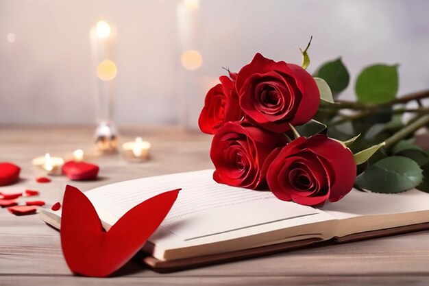 バレンタインデー祝賀のテーブルにカレンダーとバラの花が