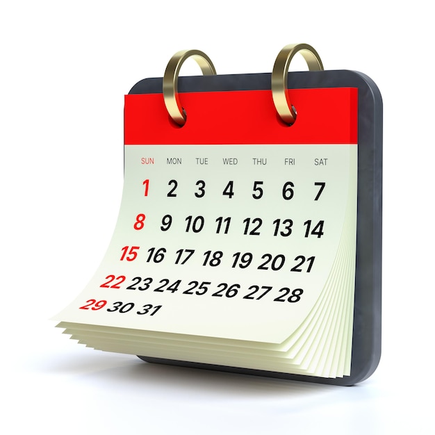 Calendar on White Background 3d Rendering