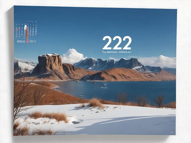 A calendar with a beach and mountains