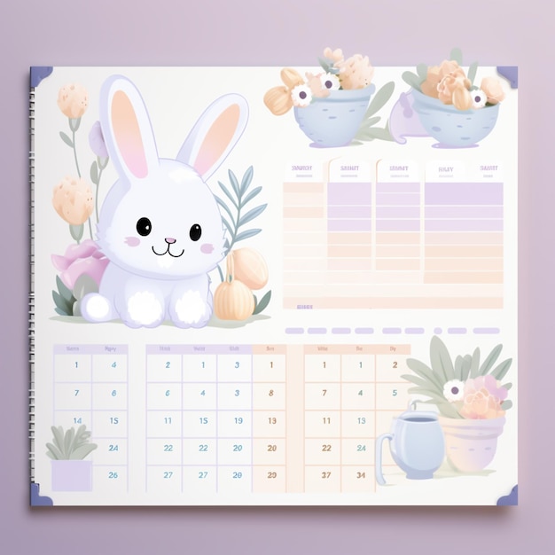Photo calendar with a cute bunny and flowers on it generative ai