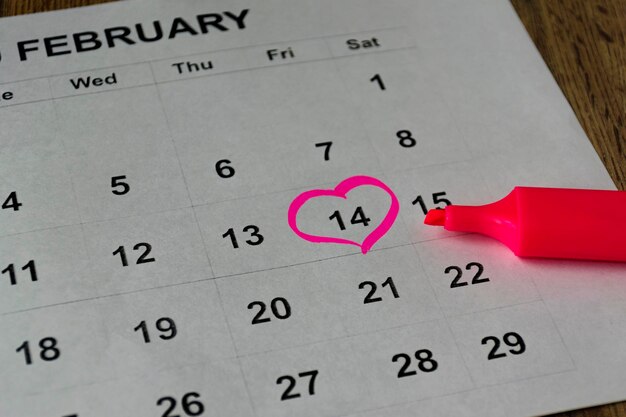 The calendar with the date of February 14 Valentine's day