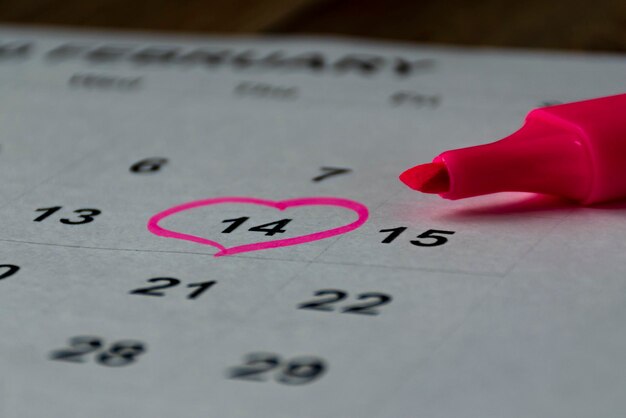 The calendar with the date of February 14 Valentine's day