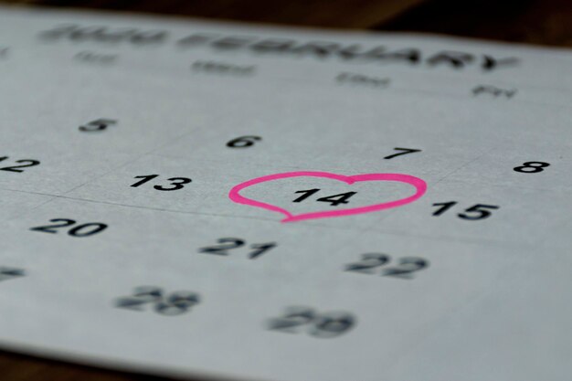 The calendar with the date of February 14 Valentine's day