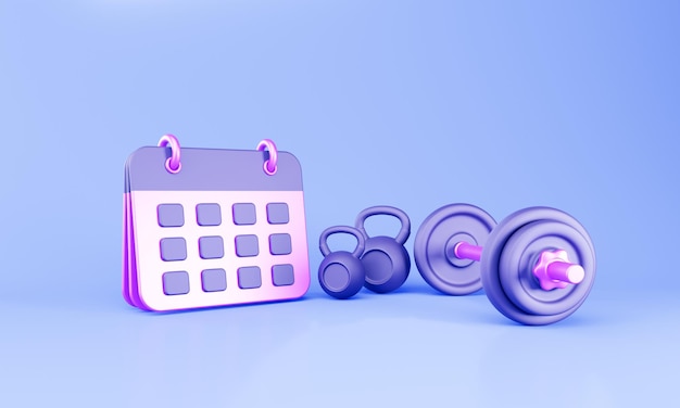Calendar with dumbbells and kettlebells time for a workout concept 3d render illustration