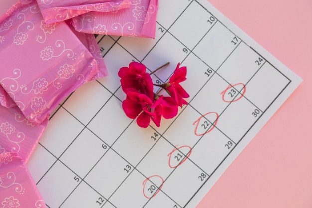 花と生理用ナプキンのカレンダー