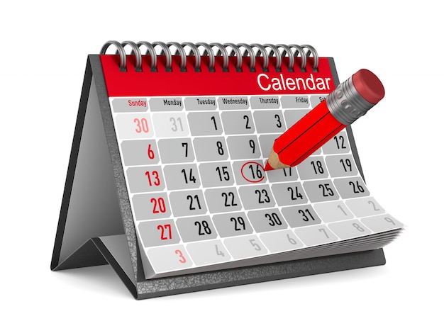 Calendar with noted date. Isolated, 3D rendering