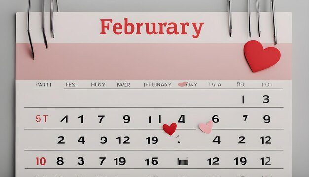 a calendar with a red heart and a pink heart on it