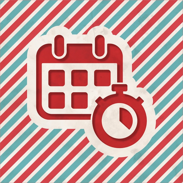 Calendar with Stopwatch on Red and Blue Striped Background. Vintage Concept in Flat Design.