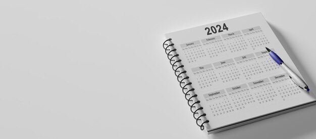 Calendar Year 2024 schedule with note for to do list on white background Flat lay with calendar pencil on calander 2024 Close up of pencil on page of calendar 2023