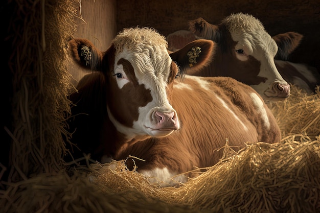 Calf beef cattle relaxing in the barns straw