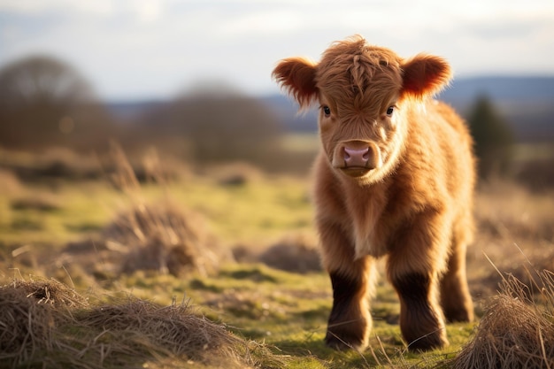 Photo calf of highland cattle in the wild