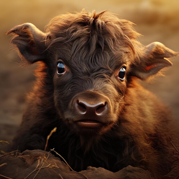 Photo a calf is laying in the dirt with a yellow background