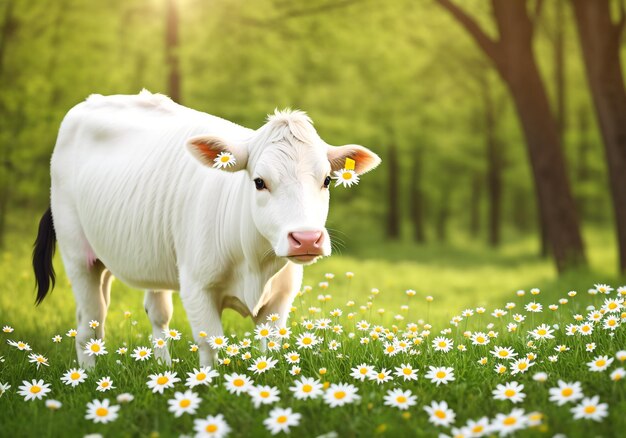 Calf on the meadow with daisies and sun flare Generative AI