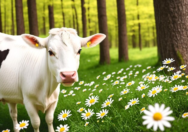 Calf on the meadow with daisies and sun flare generative ai