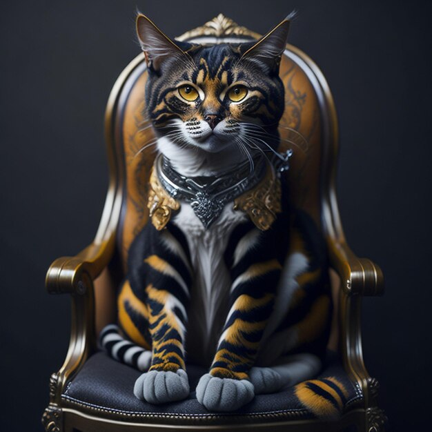 Calico kat zit op een troon met toepassingen van citrien amber en zwarte diamanten