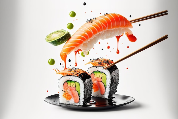 California sushi on a white background with flying wasabi sauce salmon avocado and black chopsticks