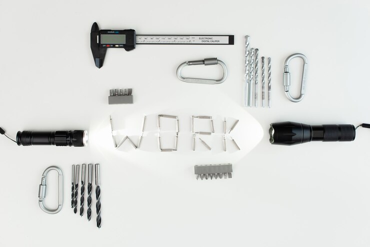 Photo calipers isolated on white background. a lot of tools
