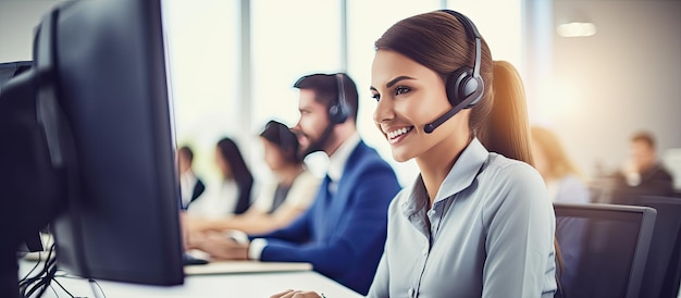 Call center employees with headsets working at their desks in office empty area