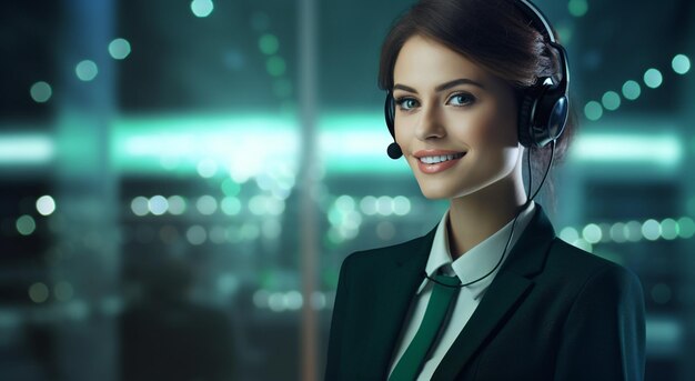 Call center employees with headsets working at their desks