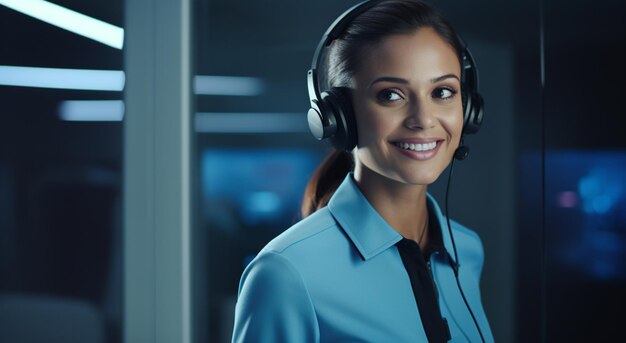 Call center employees with headsets working at their desks