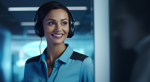 Call center employees with headsets working at their desks