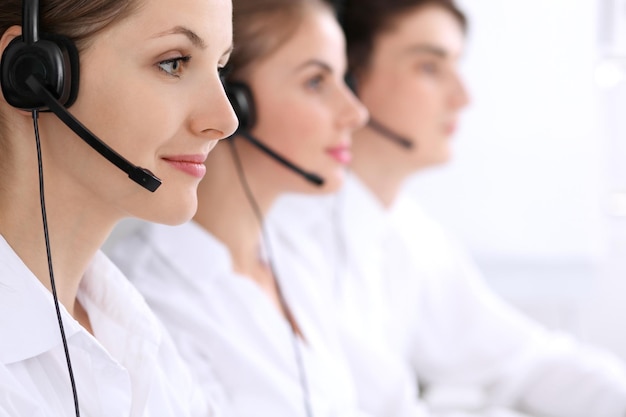 Call center Focus on beautiful woman in headset