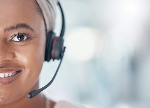 Call center headset and portrait of agent in the office ready to work Black woman consultant in customer service crm and support for clients working in telemarketing communication and help desk