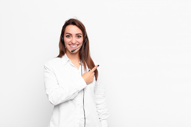 call center operator feeling happy and pointing to the side