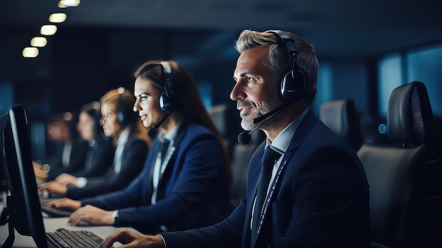 Photo call center operator in headset working in front of computer monitors