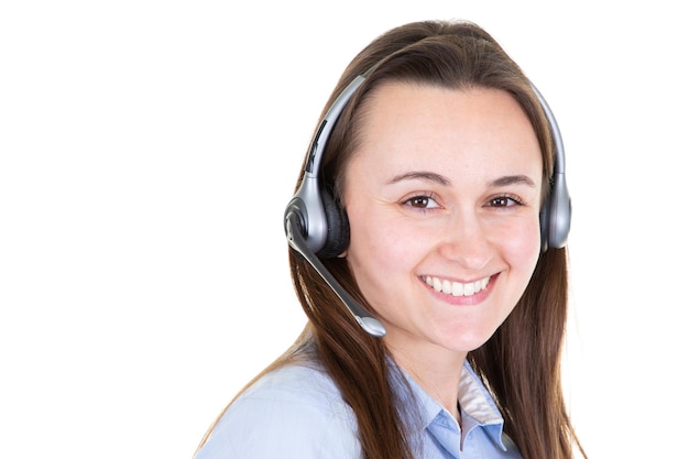 Call center operator portrait young woman in white background and copy space blank side