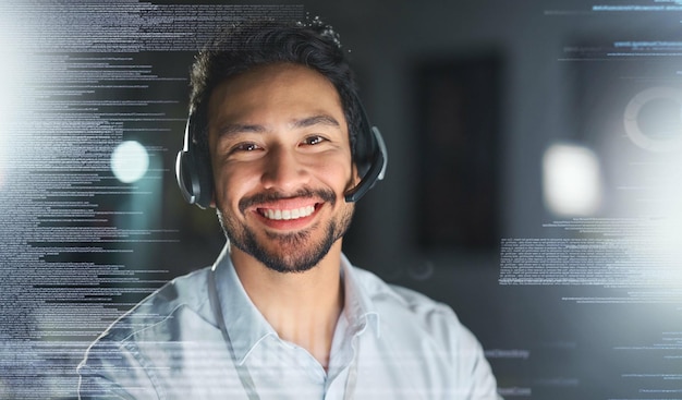 Call center overlay and portrait of man for customer service telemarketing and crm networking Futuristic hologram contact us and face of consultant smile for help it support and communication