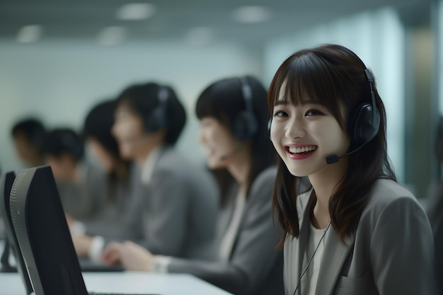 사진 콜센터 텔레마케팅 여성들은 마이크를 착용하고 책상에서 일하는 미소를 지었다