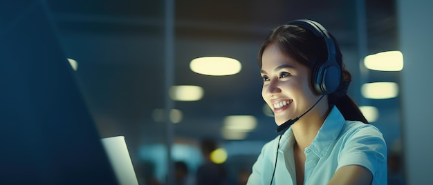 Foto la donna del call center che indossava le cuffie sorrideva lavorando e fornendo servizio con cortesia e attenzione