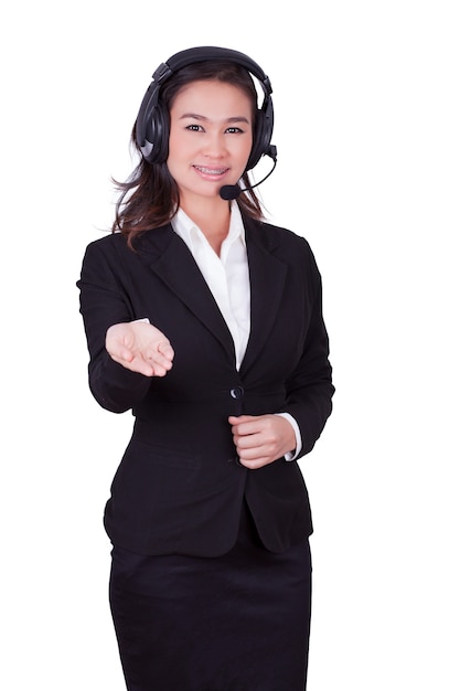 Call center woman on a white background.