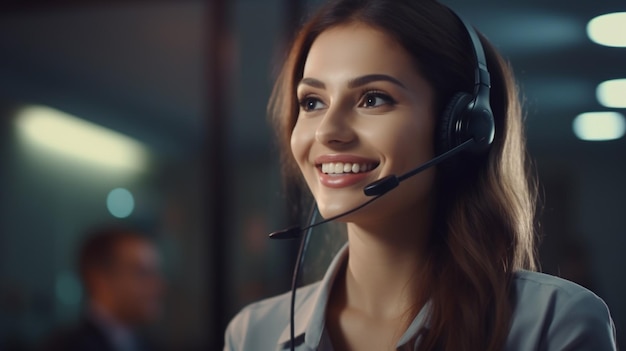 Call center woman and working in team office with headset computer and online customer support ai