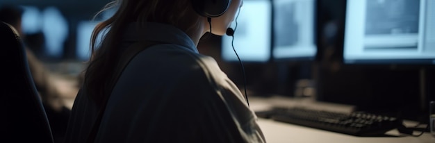 Photo call center worker in headphones is working at modern office generative ai