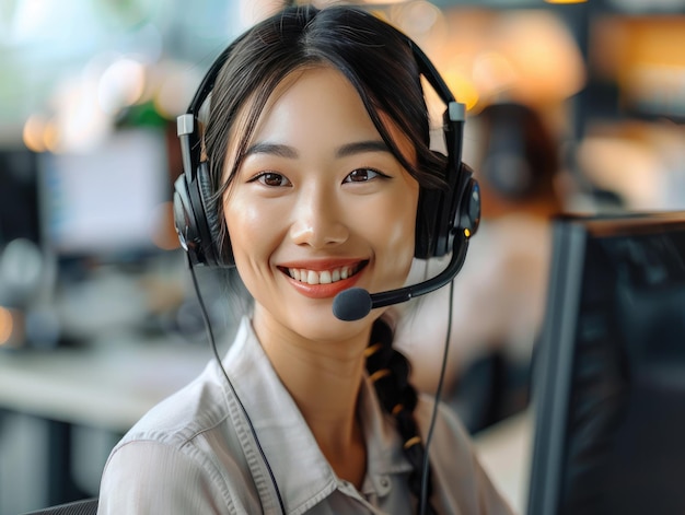 Photo call center young women with earphones