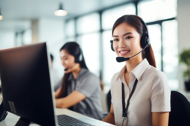 Call centre specialist help desk service operator talking with client