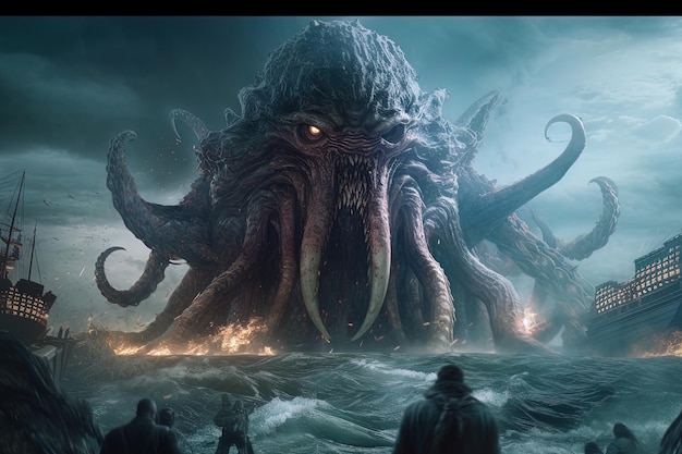 The call of cthulhu is a monster with a giant head on the water.