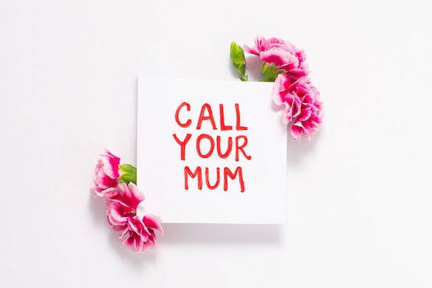 Foto chiama tua madre su un foglio bianco con fiori rosa isolati su sfondo bianco