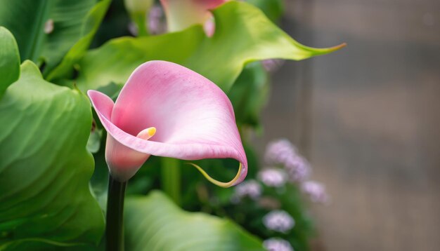 Calla flowering in natural green background with copy space