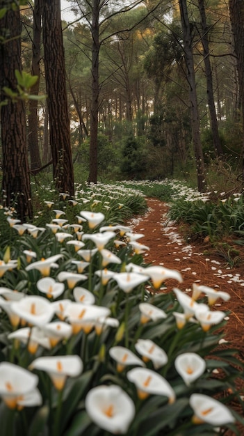 Calla lilies blooming in a forest with green foliage and brown soil