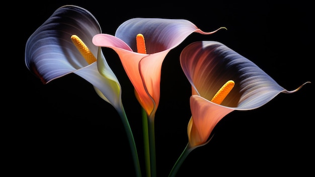 Calla lily flowers blooming floral black background AI Generated art