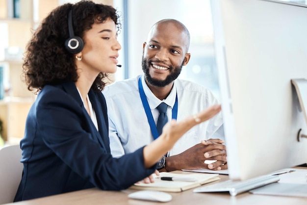 Callcenter customer service or teamwork on computer for coaching consulting or networking in office Manager learning or black man and woman on tech for telemarketing research or strategy support