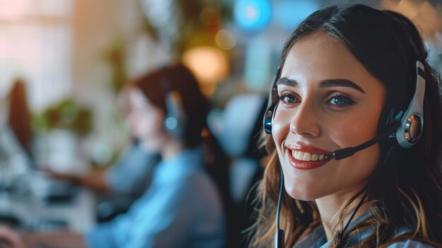 Callcenter jonge vrouw met een glimlach klantenservice met microfoon klantenservice consultant op het gebied van telemarketing verkoop en ondersteuning