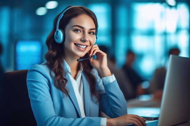 Photo callcenter operators with a small wireless headsets works with a desktop in an office generative ai